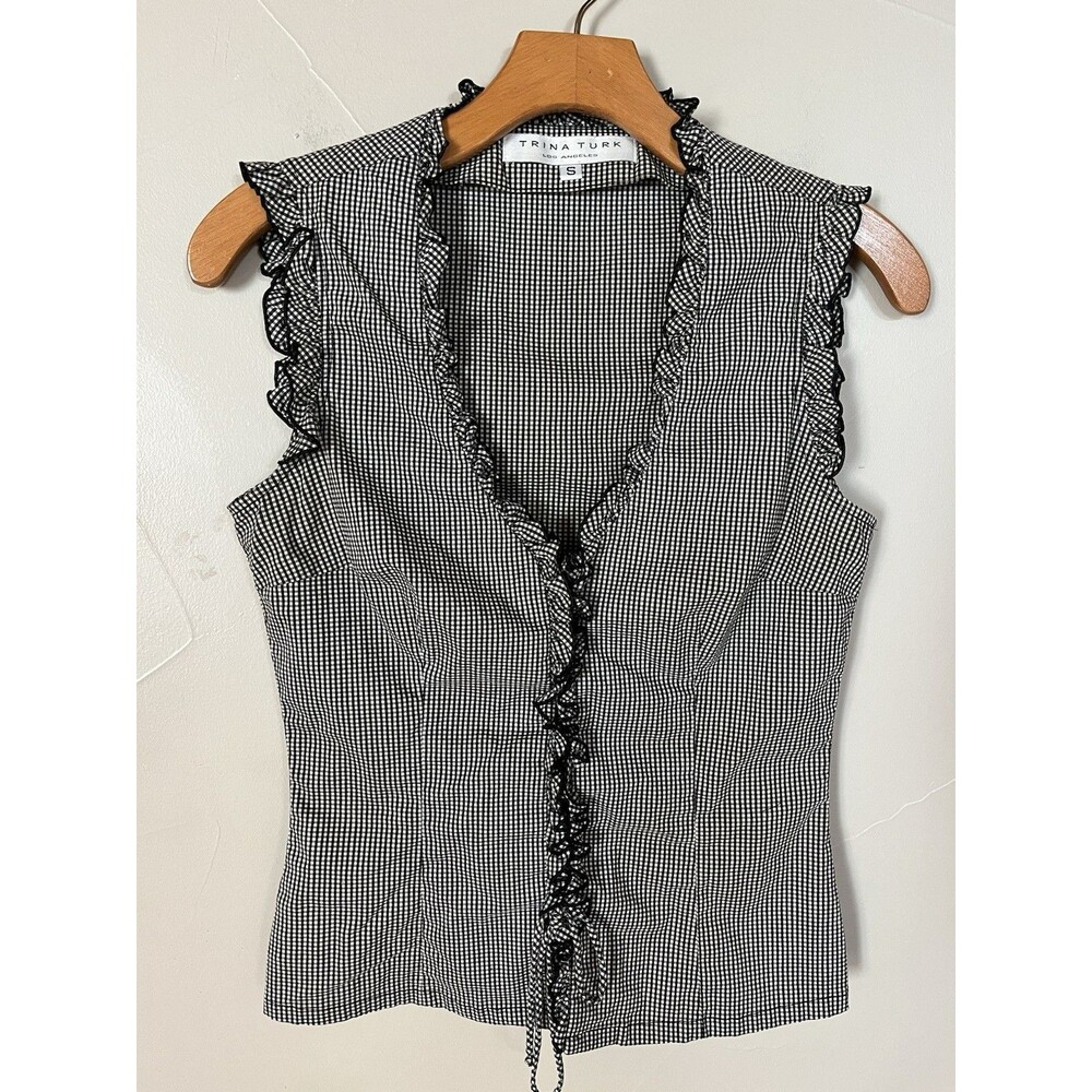 Trina Turk Gingham Plaid Lace‎ Up Corset Top, Black & White, Cotton Stretch SZ S